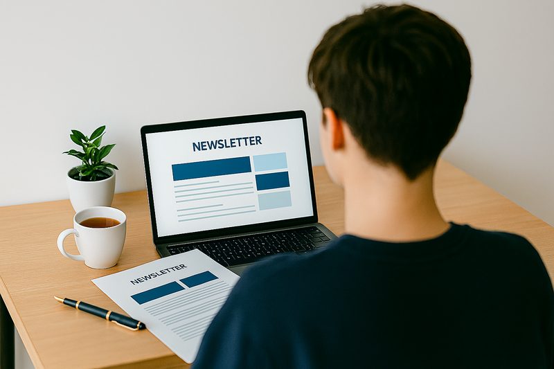 Persona leyendo newsletter editorial en laptop