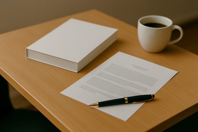 Mesa de trabajo con contrato editorial y sello legal